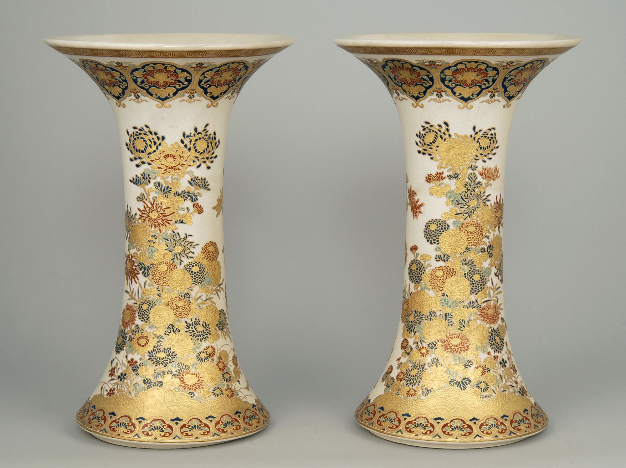 Appraisal: PAIR OF SATSUMA POTTERY VASES Circa In trumpet form with