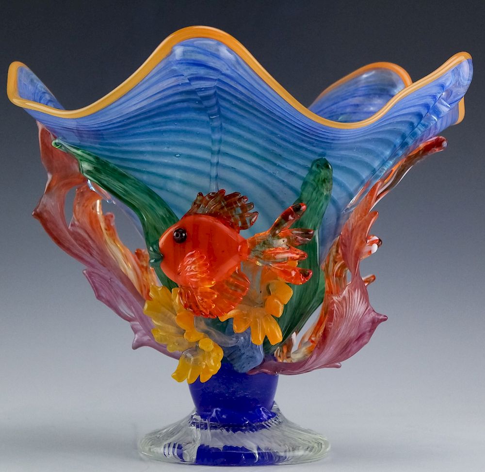 Appraisal: Murano Italian Studio Art Glass Vibrant Fish Vase Artist signed