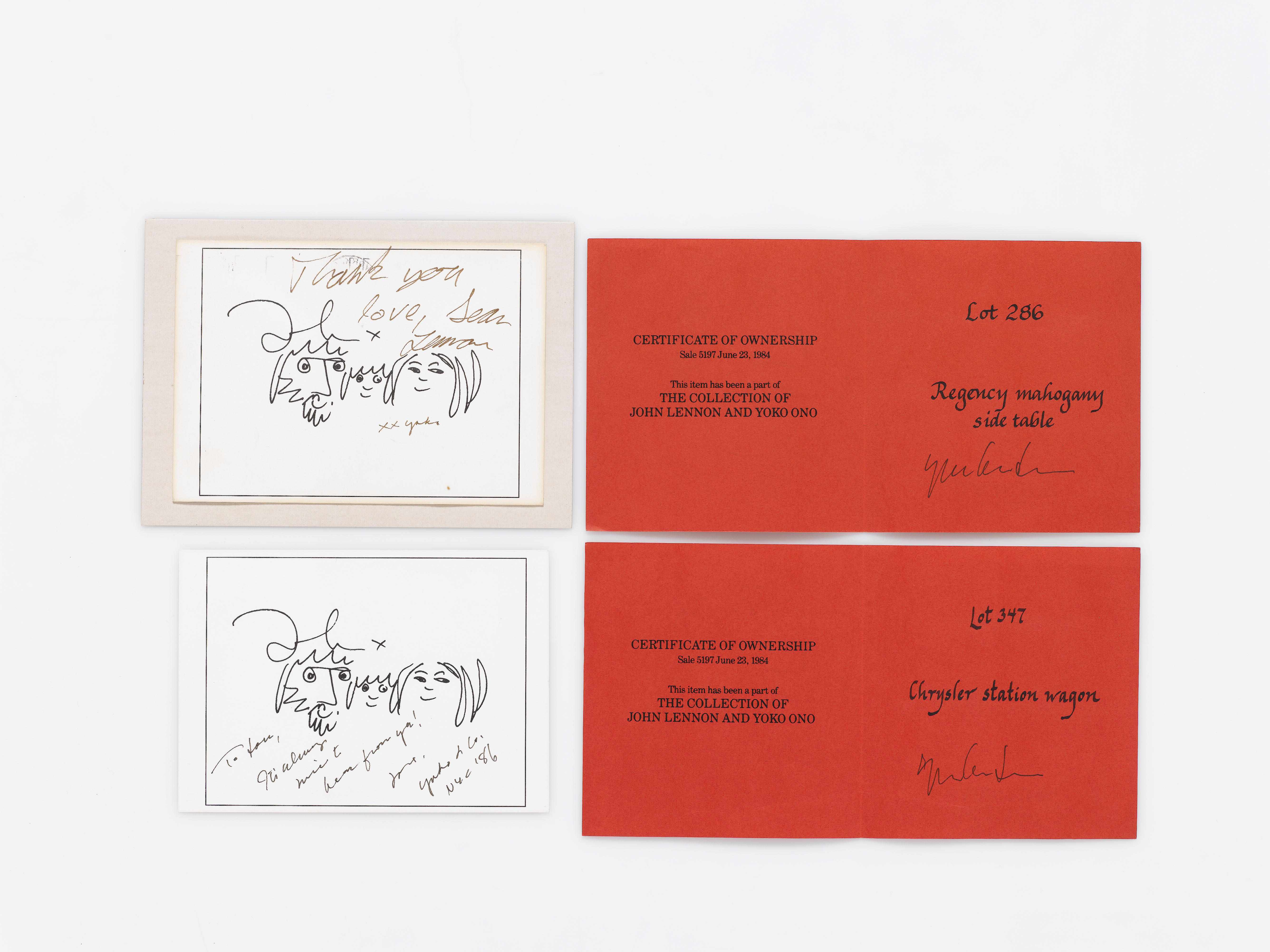 Appraisal: Two Yoko Ono autographed certificates from the ''The Collection of