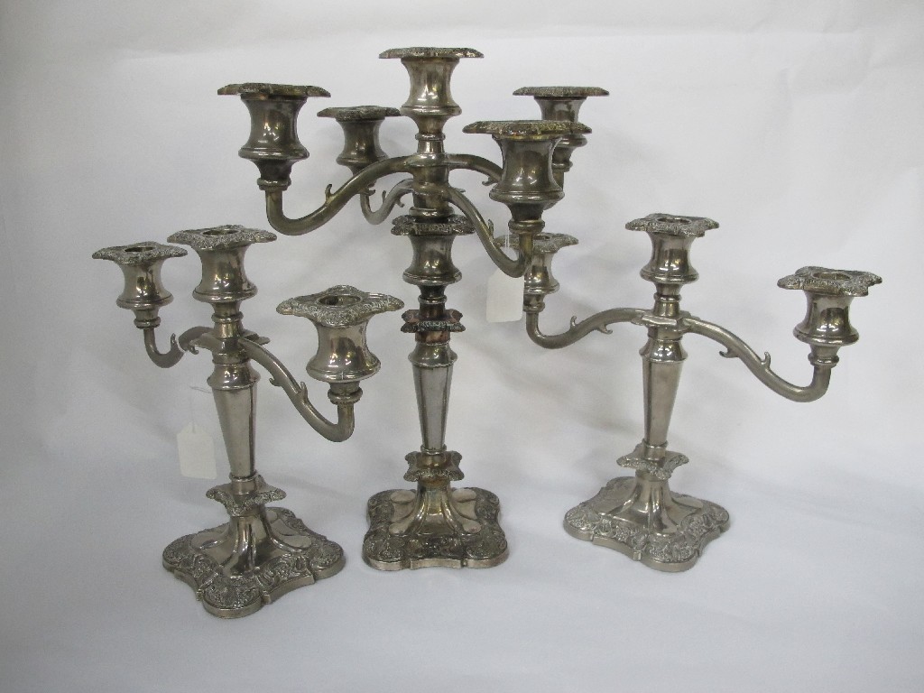 Appraisal: A three piece silver plated candelabra garniture