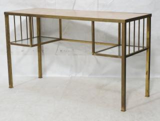 Appraisal: Marble Top Vintage Brass Desk Table Square brass tube frame