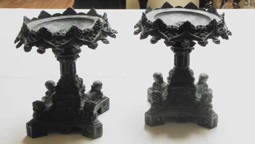 Appraisal: Title Pair of Elaborate Cast Candle Holders Medium Cast metal