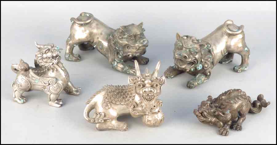 Appraisal: COLLECTION OF THREE METAL FOO DOGS Together with two patinated