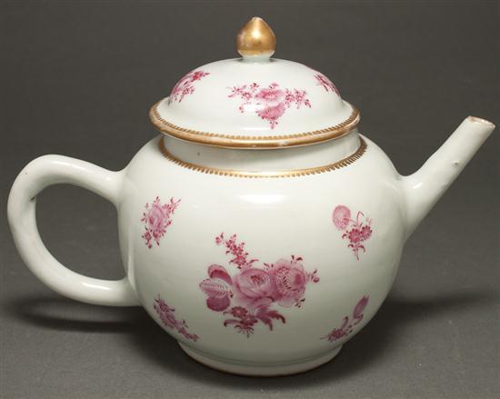 Appraisal: Chinese Export porcelain globular-form teapot circa with puce floral sprays