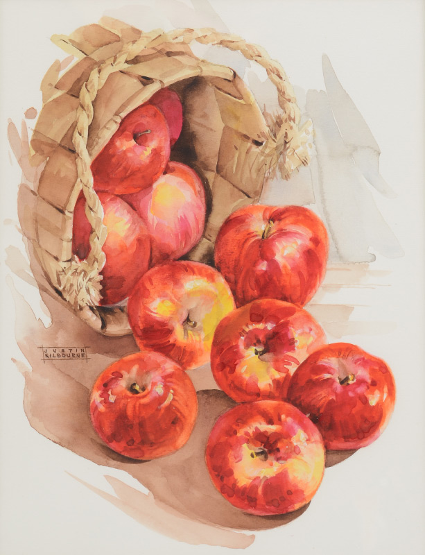 Appraisal: KILBOURNE Justin American - th C Basket of Apples Watercolor