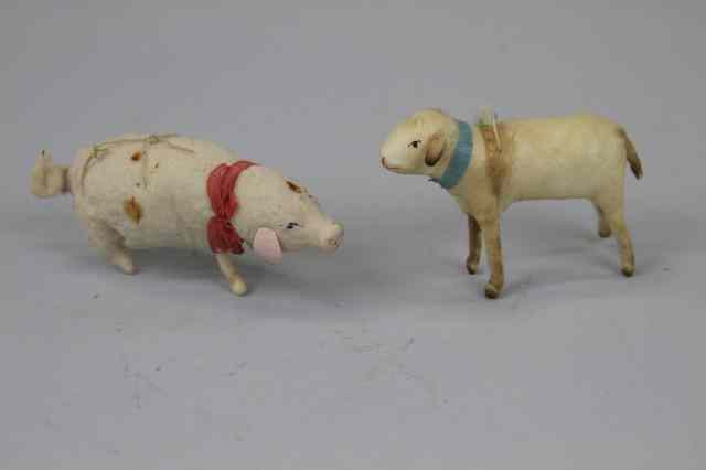 Appraisal: COTTON PIG AND SHEEP ORNAMENTS Germany includes cute pink pig