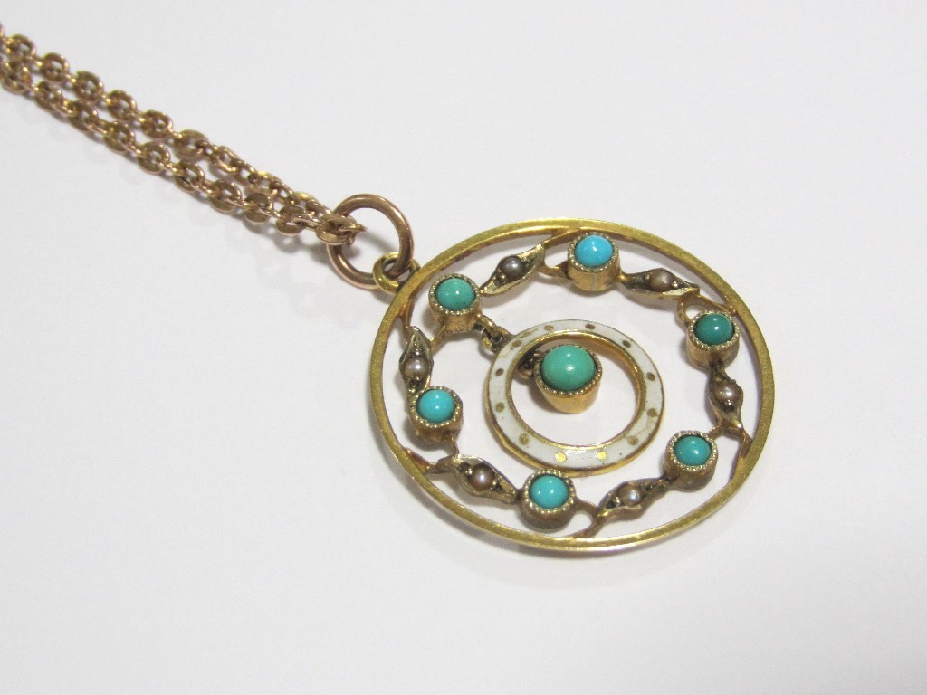 Appraisal: Edwardian ct gold turquoise seed pearl and enamel decorated pendant