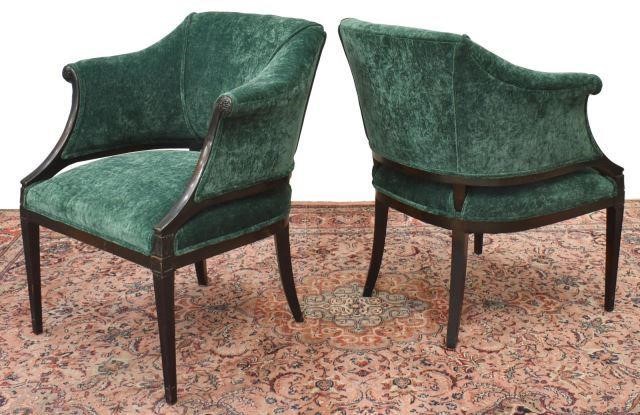 Appraisal: pair Bergere armchairs ebonized frame green crushed velvet upholstery curved