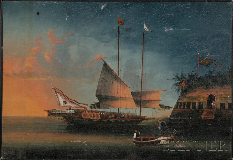 Appraisal: Chinese School th Century Chinese Junk at Sunset Unsigned Oil