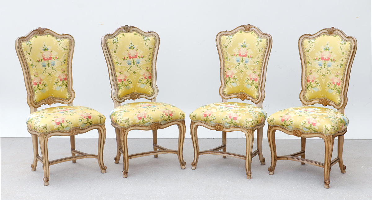 Appraisal: FRENCH DINING CHAIRS Painted carved and shaped frames back with