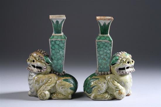 Appraisal: PAIR CHINESE FAMILLE VERTE PORCELAIN FIGURAL JOSS STICK HOLDERS Kangxi