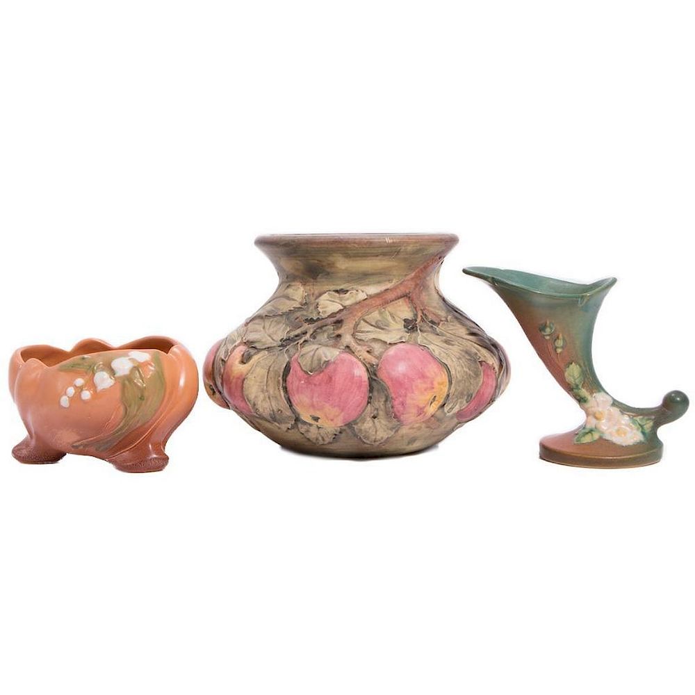 Appraisal: Three Ceramic Vases Three Ceramic Vases Pot with relief of