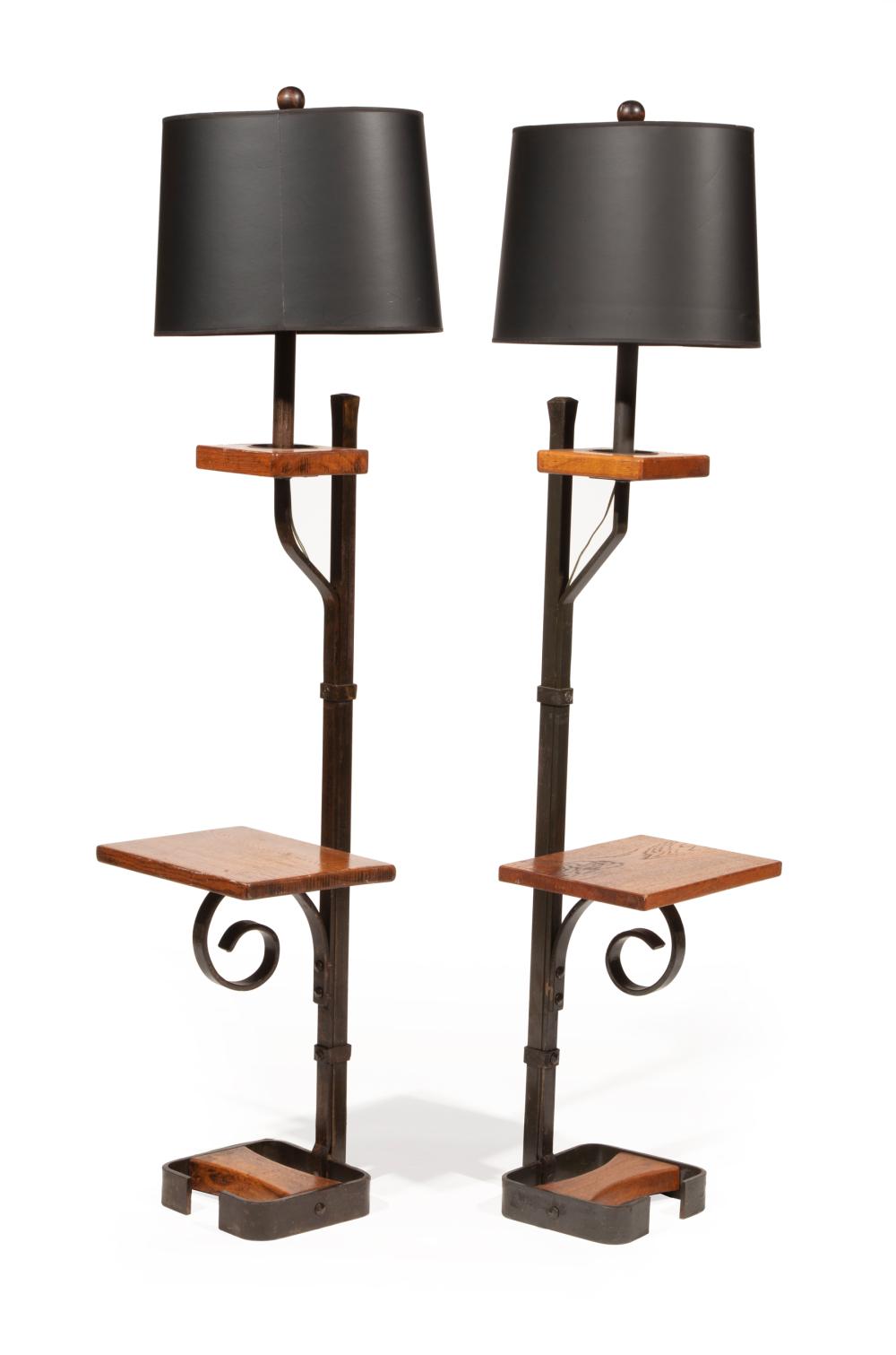 Appraisal: Pair of Contemporary Oak and Patinated Iron Floor Lamps with