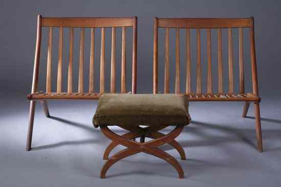 Appraisal: PAIR SWEDISH FOLKE OHLSSON WALNUT ''SCISSOR'' CHAIRS AND OTTOMAN Designed