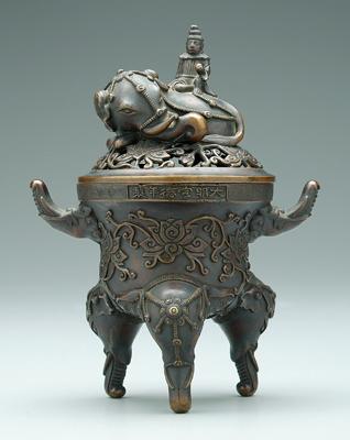 Appraisal: Chinese bronze tripod censer elephant and rider finial on pierced