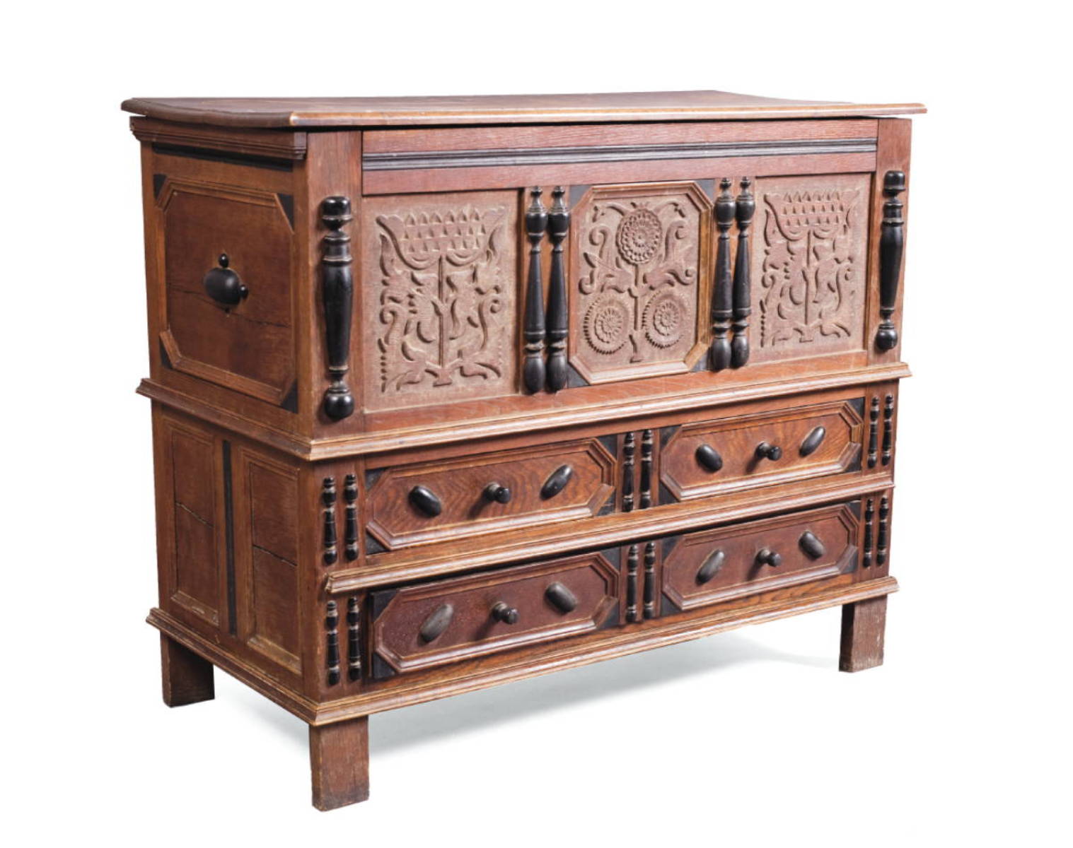 Appraisal: NEW ENGLAND PILGRIM CENTURY CARVED AND PANELLED OAK SUNFLOWER CHEST