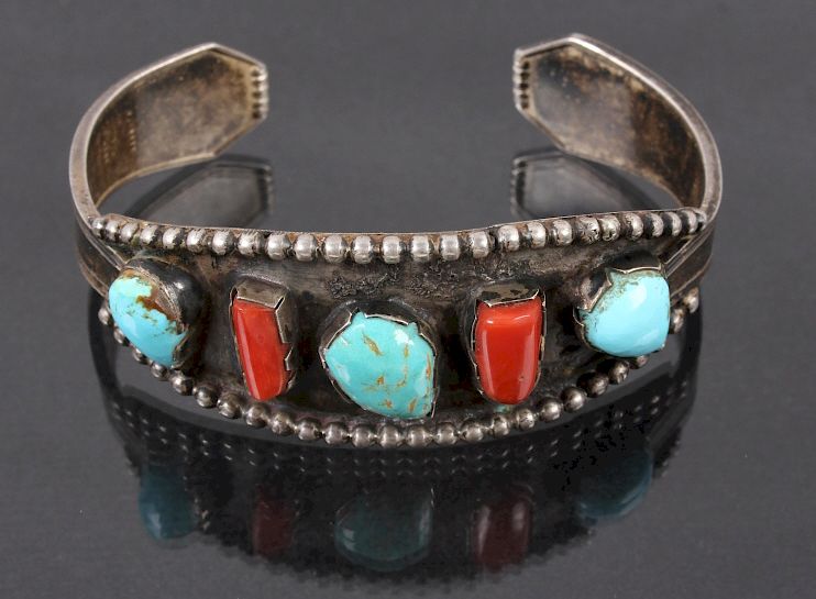 Appraisal: Navajo Sterling Silver Turquoise Coral Bracelet For sale in this