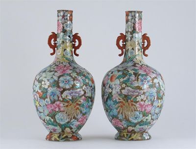 Appraisal: A pair of Chinese mille fleurs ovoid vases with cylindrical