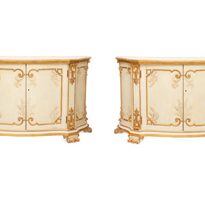 Appraisal: A Pair of Painted and Parcel Gilt Serpentine-Front Cabinets th