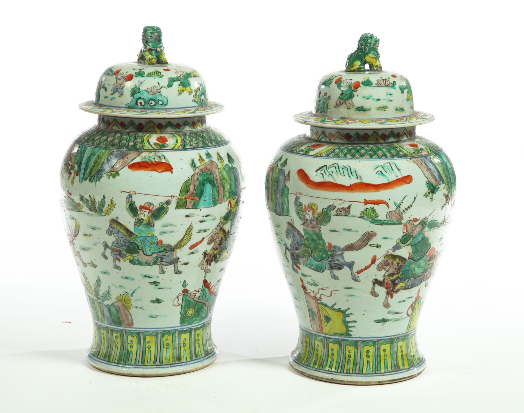 Appraisal: PAIR OF COVERED JARS China ca s Five-color jars with