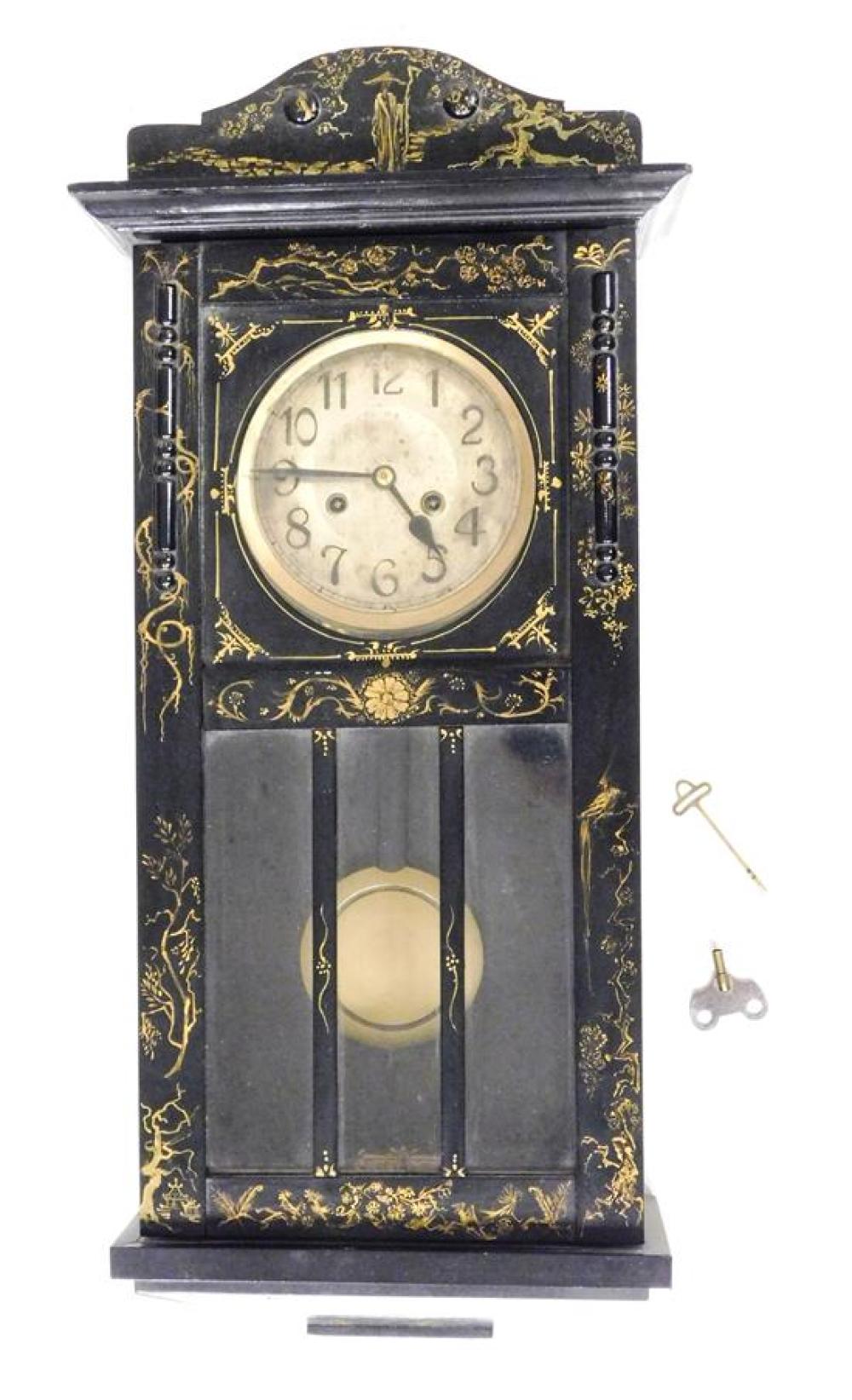 Appraisal: CLOCK s wall clock black lacquer and gilt decorated case