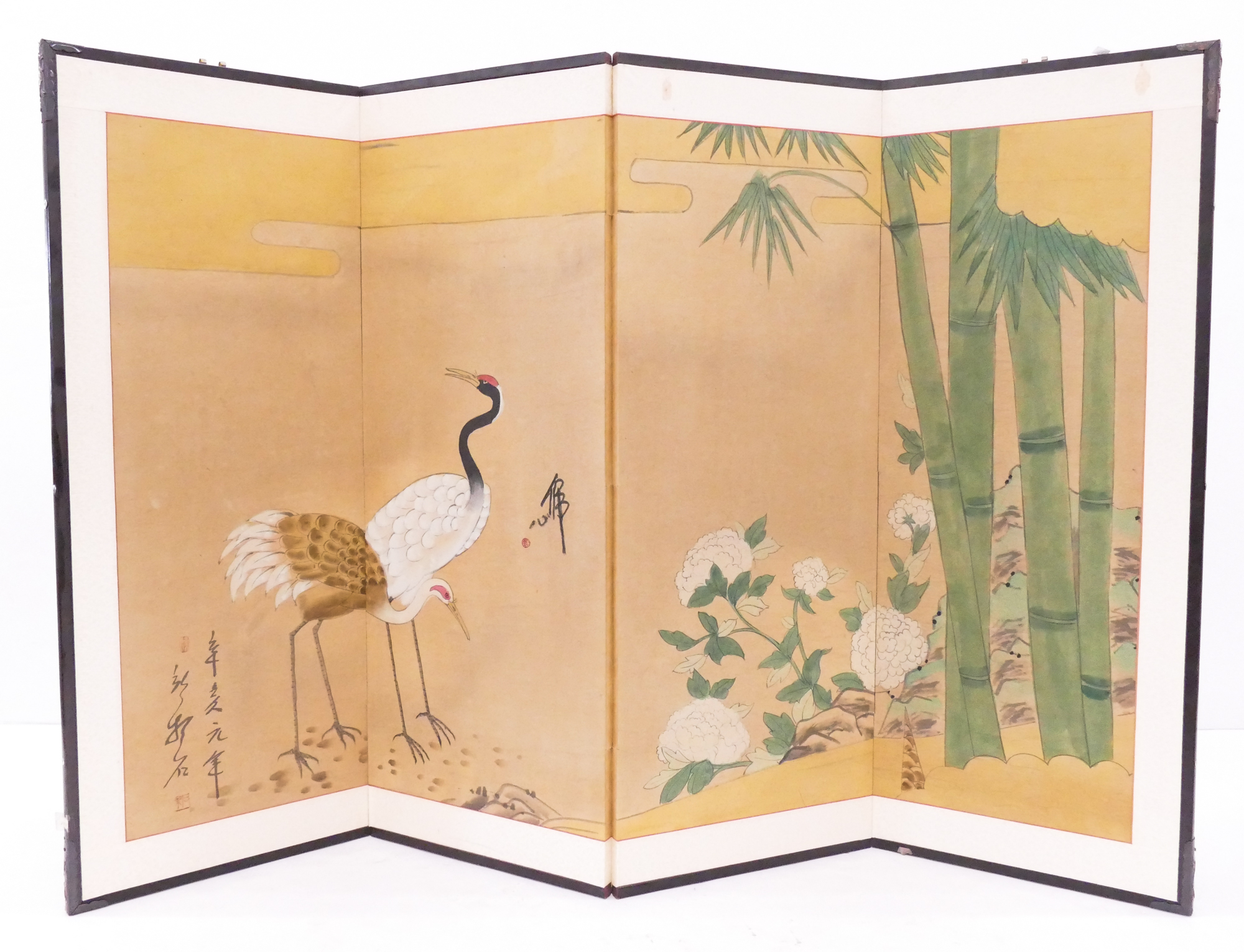 Appraisal: Japanese Painted Cranes Bamboo Panel Screen- x ''