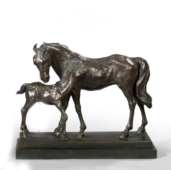 Appraisal: Attractive French Dark-Patinated Bronze Group depicting a stallion and a