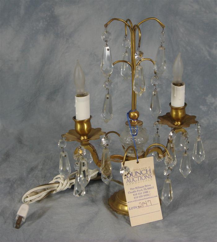 Appraisal: Brass crystal lamp h Estimate -