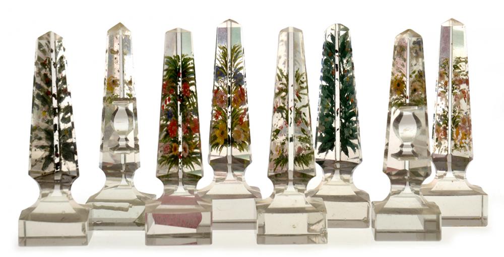 Appraisal: EIGHT SMALL VICTORIAN INSIDE PAINTED OBELISK PAPERWEIGHTS WITH FLORAL SCENERY