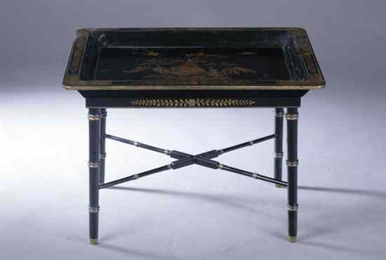 Appraisal: ENGLISH REGENCY STYLE BLACK-LACQUERED AND PARCEL-GILT TRAY-ON-STAND by Mark Drake-Briscoe