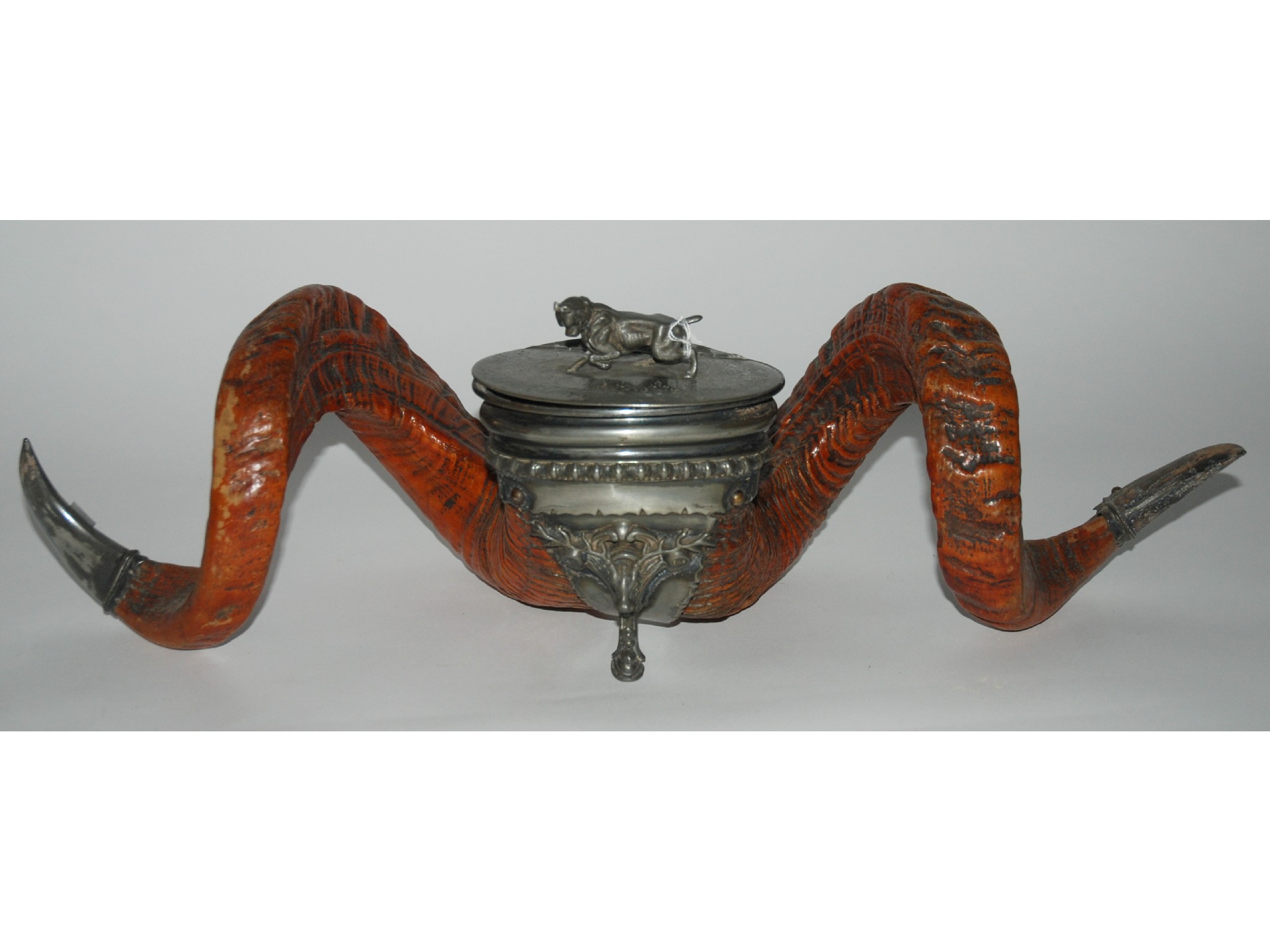 Appraisal: A white-metal mounted rams horn table snuff mull lid detached