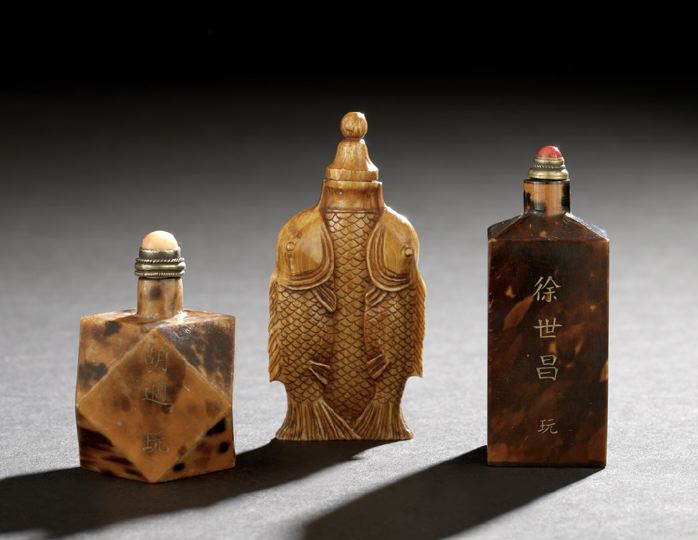 Appraisal: Group of Three Chinese Tortoiseshell and Ivory Snuff Bottles composed