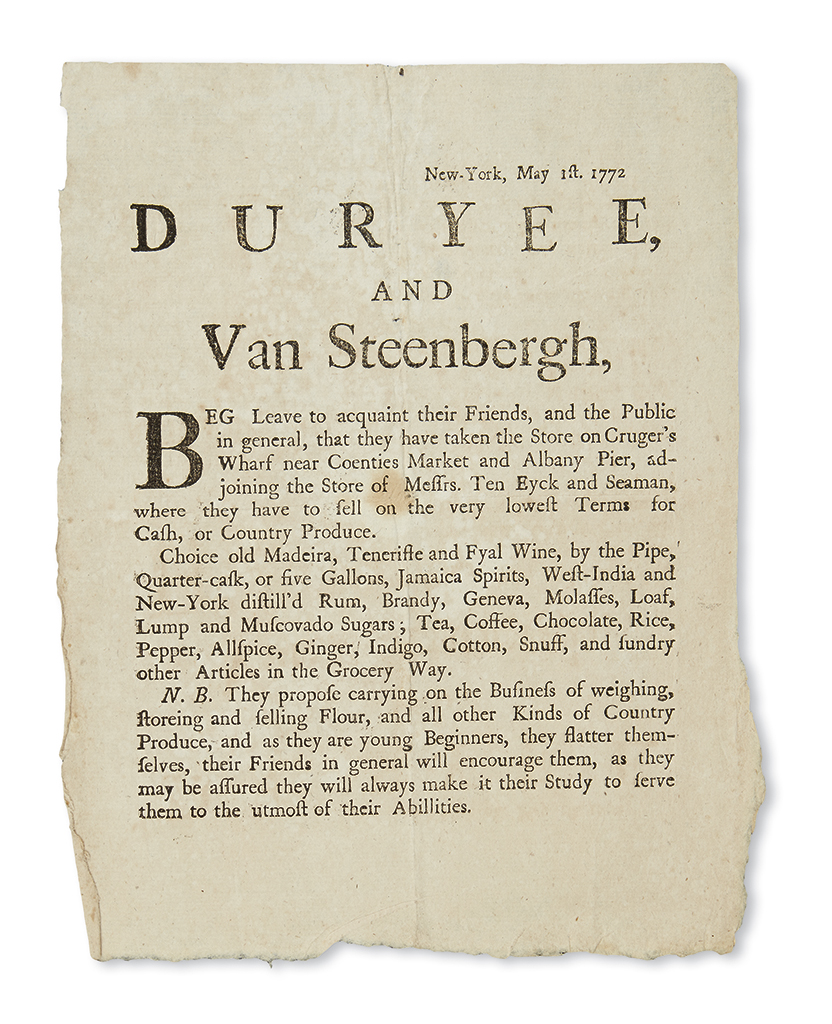 Appraisal: NEW YORK CITY Duryee and Van Steenbergh Broadside advertising their