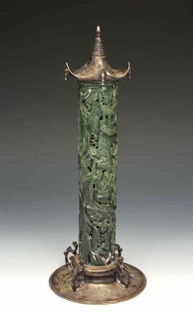 Appraisal: A CHINESE SPINACH JADE FUMIER with allover carved figures pine