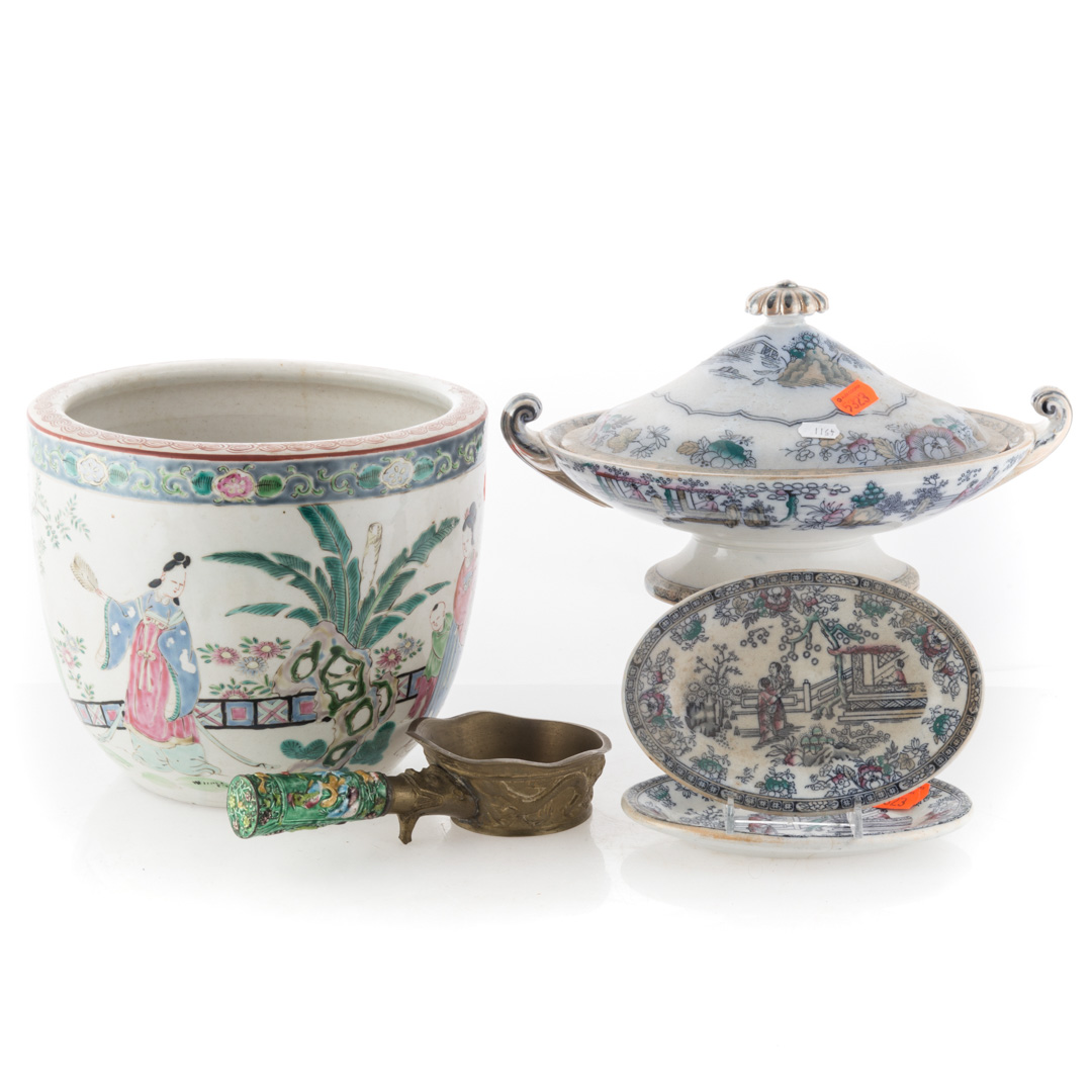 Appraisal: Chinese Famille Rose jardiniere etc Chinese pattern transfer decorated two-handled