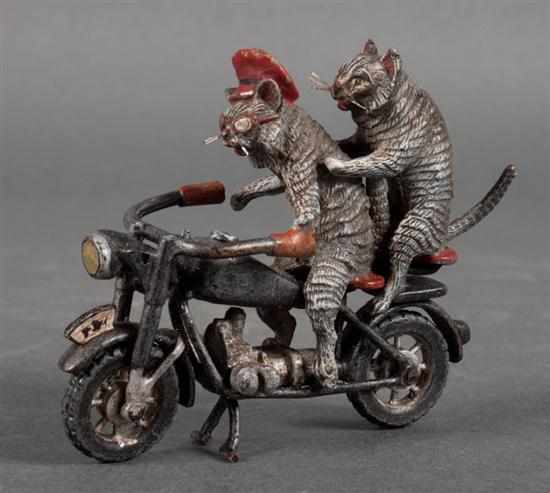 Appraisal: Austrian cold painted bronze figural group of two cats riding