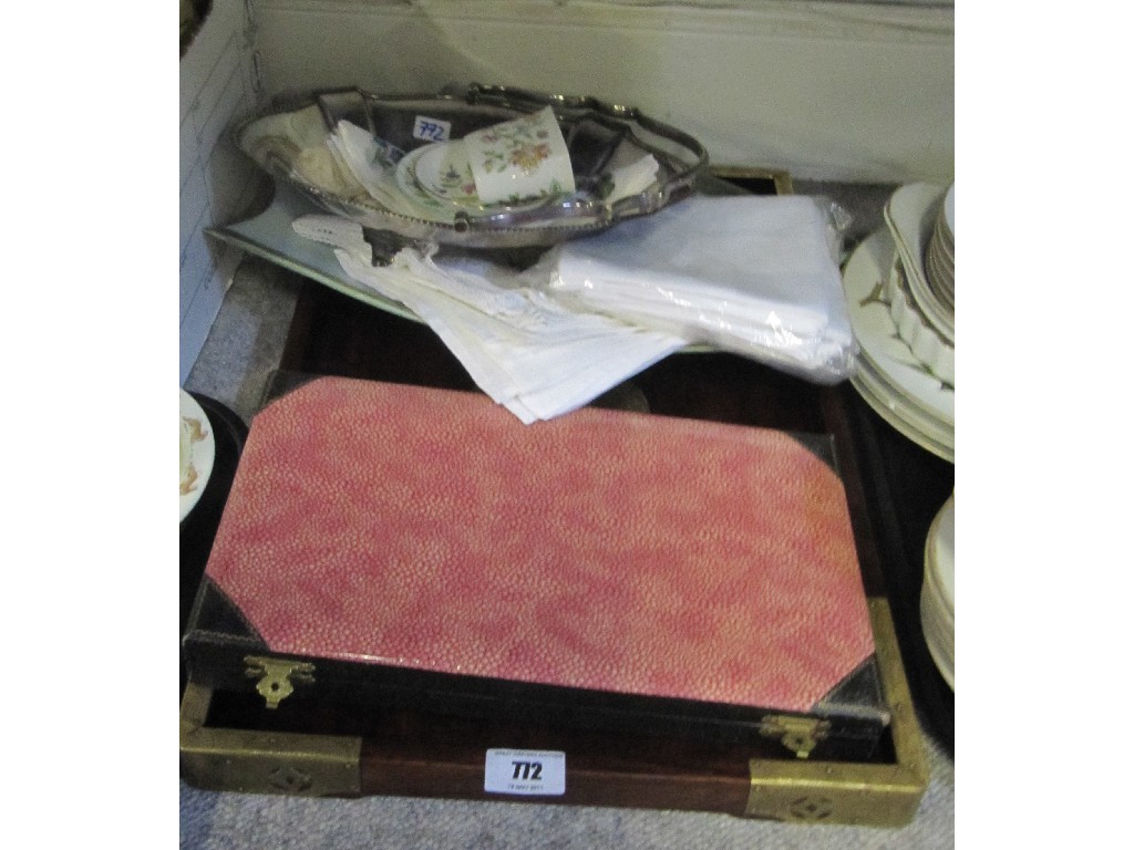 Appraisal: Wooden tray cased servers linen Mintons ceramics etc