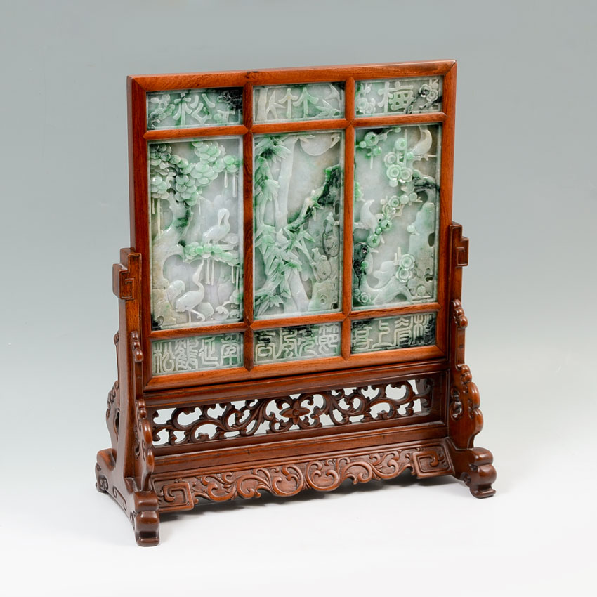 Appraisal: CHINESE CARVED JADEITE TABLE SCREEN carved apple green and white