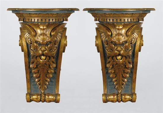 Appraisal: Pair Continental carved and painted wood brackets late th century