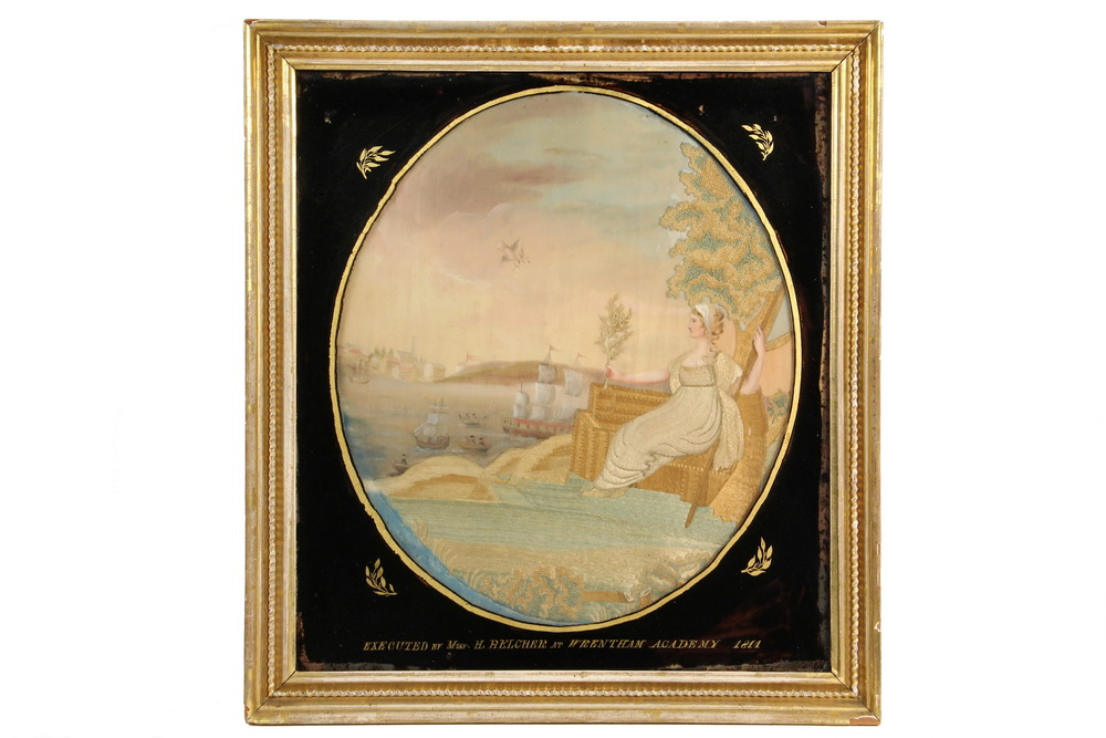 Appraisal: SCHOOLGIRL SILKWORK PAINTING - Liberty Offering Peace to Ships in