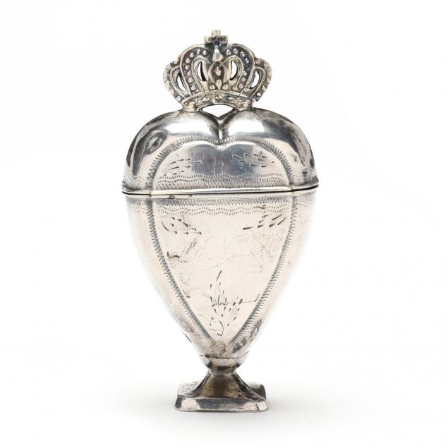 Appraisal: CONTINENTAL SILVER CROWNED HEART FORM BOX th century struck three