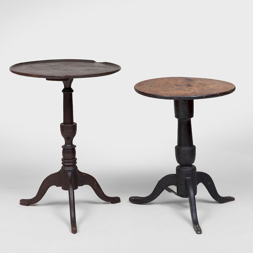 Appraisal: Two Painted Candle Stands Both raised on tripod supports one