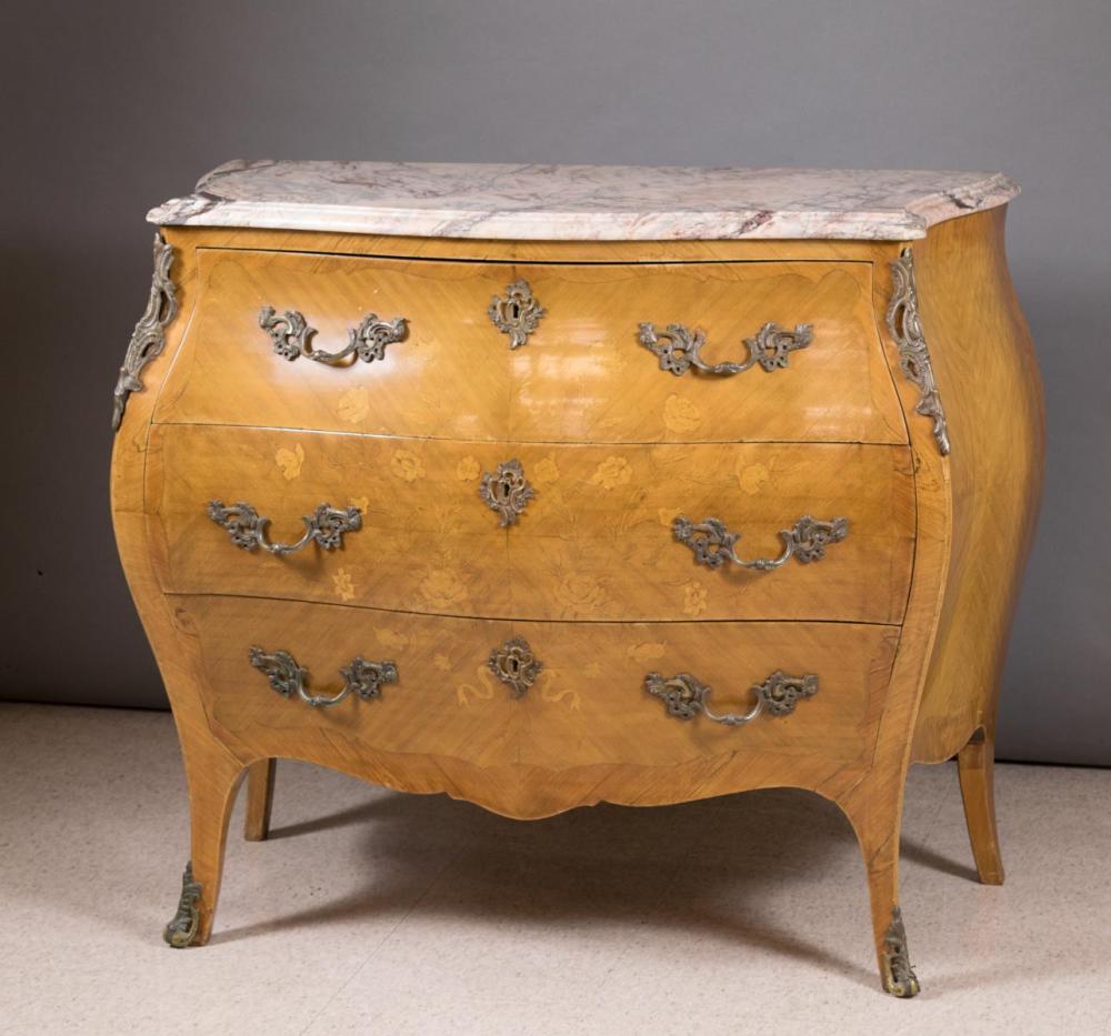 Appraisal: LOUIS XV STYLE MARBLE-TOP BOMBE COMMODE French th century having