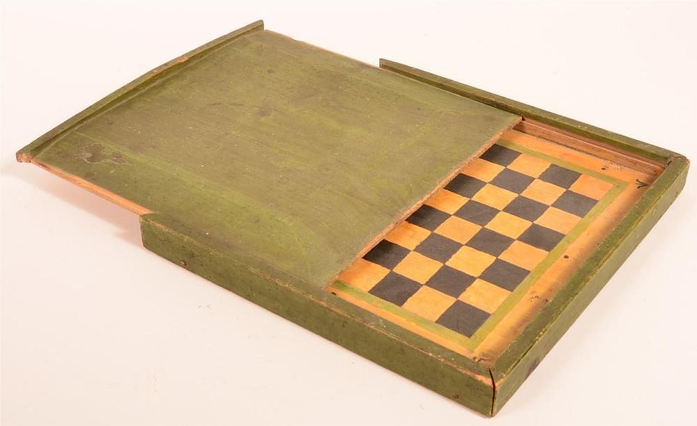 Appraisal: th Century Painted Slide Lid Game Box Unusual th Century