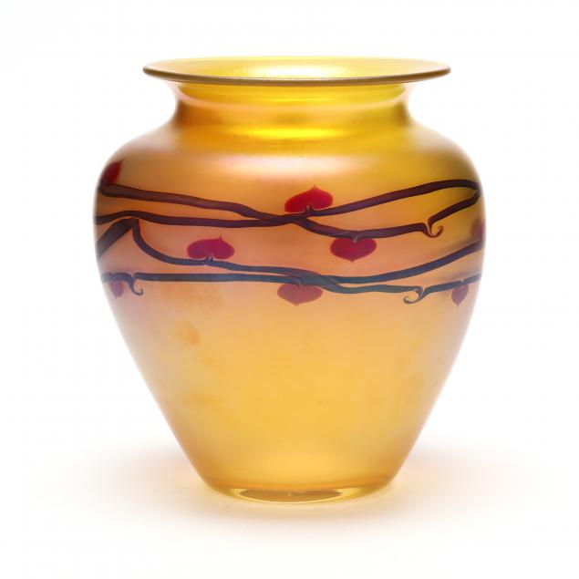 Appraisal: ZELLIQUE ART GLASS VASE golden iridescent glass with heart vine