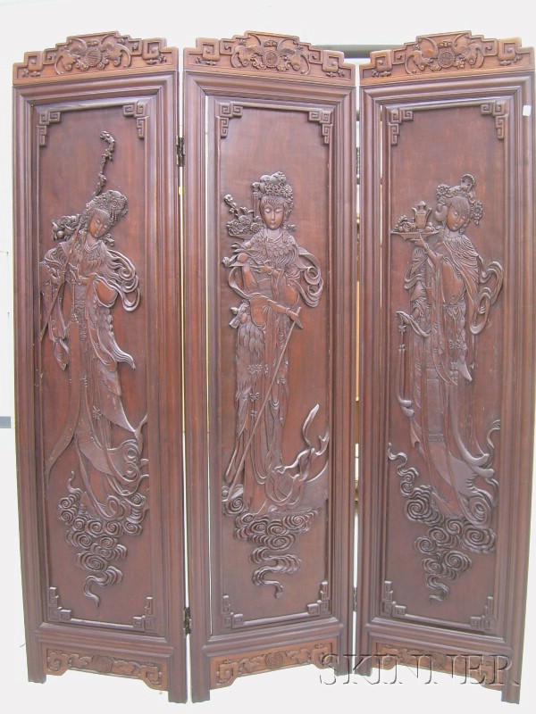 Appraisal: Chinese Export Carved Hardwood Three-Panel Floor Screen ht panel wd