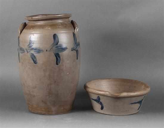 Appraisal: American salt glazed cobalt decorated stoneware crock and similar mixing