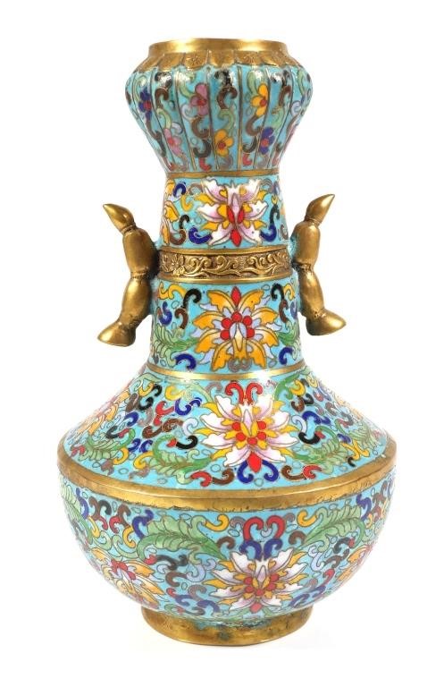 Appraisal: Heavy gilt bronze cloisonne vase roughly double gourd shaped with