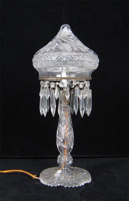 Appraisal: Cut glass parlor lamp Decorated with hanging lusters H in