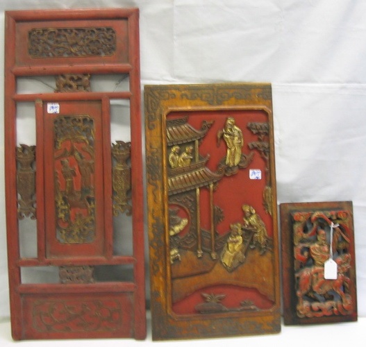 Appraisal: THREE CHINESE HAND CARVED WOODEN PANELS PLAQUES two having raised